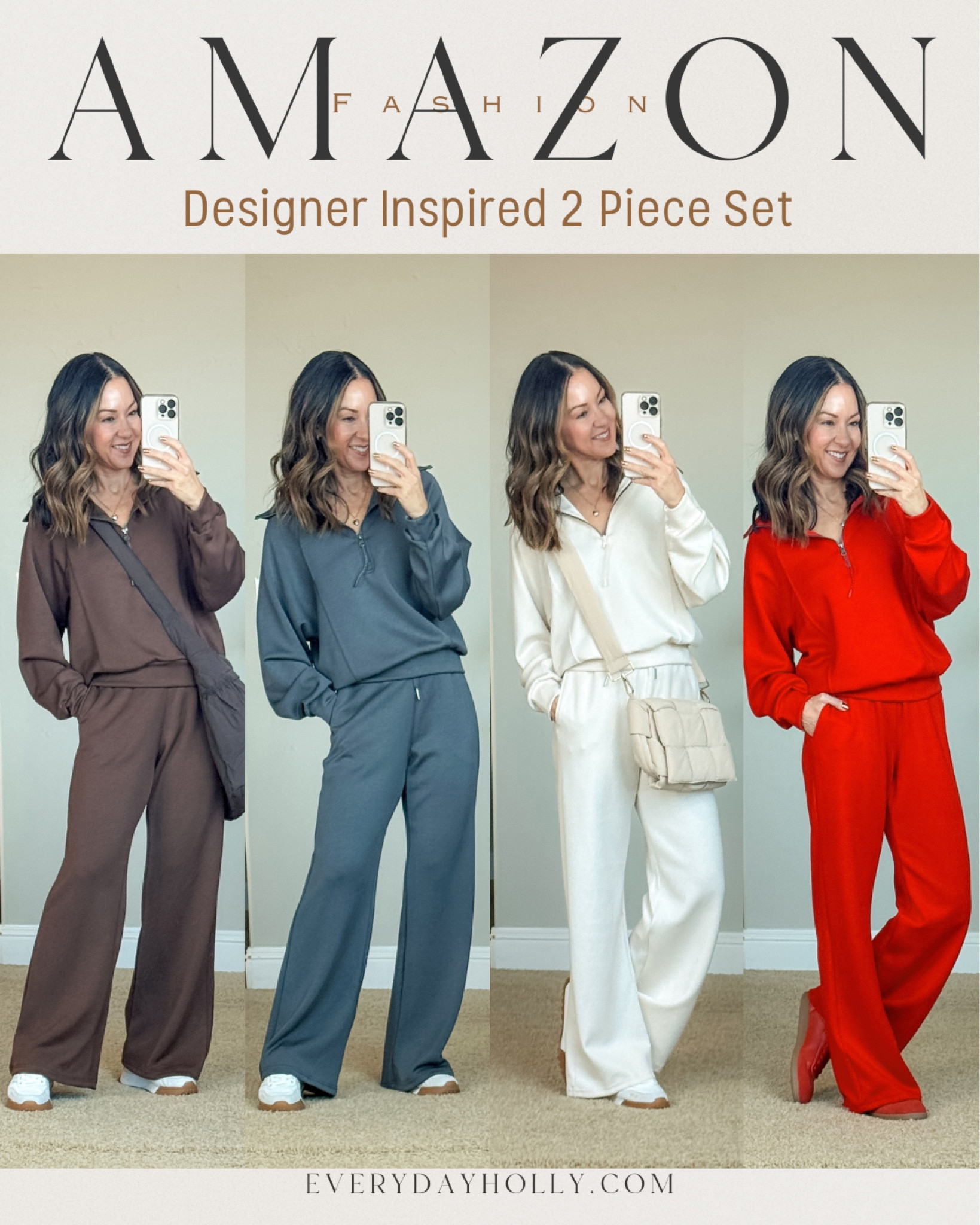 Designer inspired two piece Wide Leg Sweatpant Half Zip Sweatshirt pullover. The Modal material soft and airy.  Size XS in red, apricot, dark brown, dark storm. sneakers TTS or go up if in between sizes. puffer crossbody, Tote bag. casual style, fall fashion trends, comfy set, gift for her, travel outfit 

#LTKOver40 #LTKTravel #LTKStyleTip
