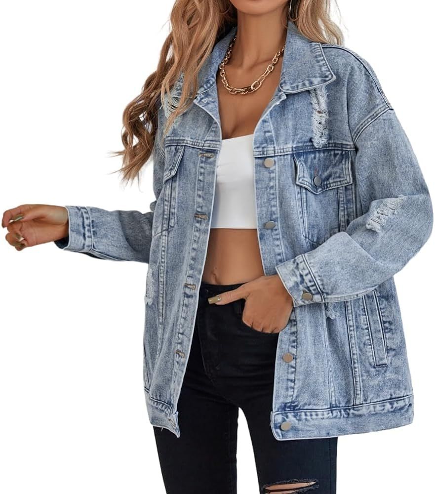 Oversize Denim Jacket for Women Ripped Jean Jacket Boyfriend Long Sleeve Trucker Coat | Amazon (US)