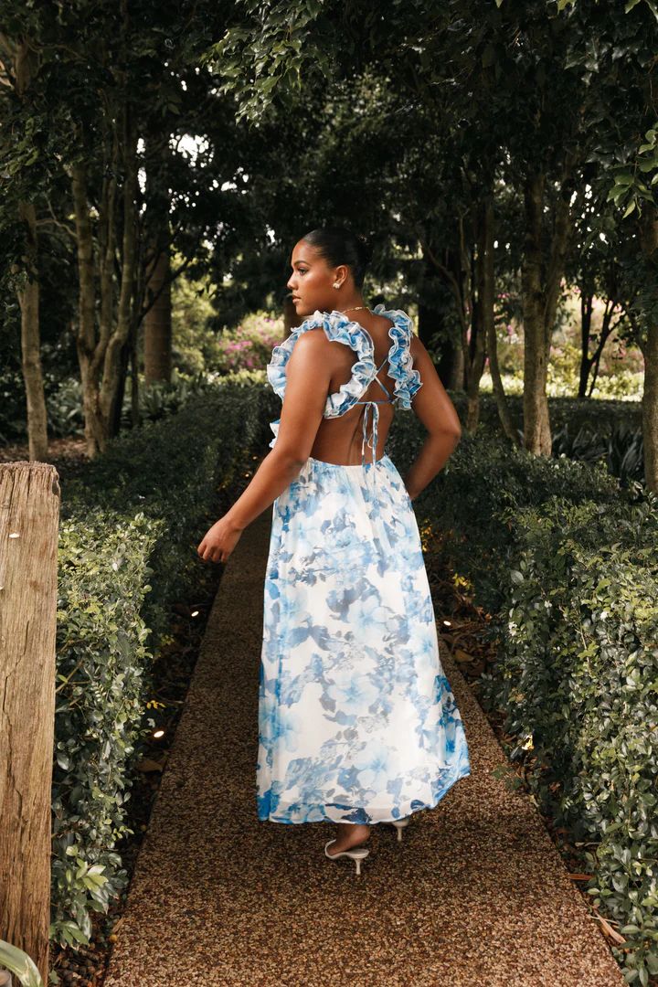 Lucah Frill Shoulder Maxi Dress - Blue White Floral | Petal & Pup (US)