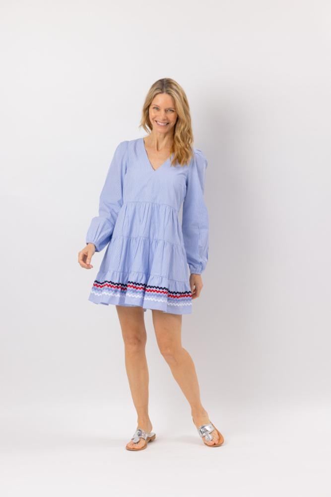 Stripe Shirting Long Sleeve V-Neck Dress with Ric-Rac | Sail to Sable