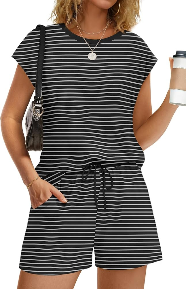 WIHOLL Two Piece Sets for Women Summer Crew Neck Lounge Short Sets Cap Sleeve Drawstring Sweatsui... | Amazon (US)