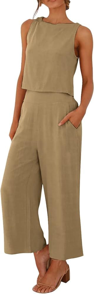 Fashion Comfortable Vest and Long Pants Suit Solid Color Casual Top Set Women's Pockets Wide Leg ... | Amazon (US)