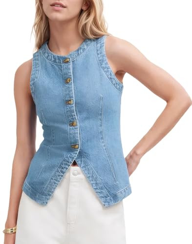 D-Sun Women Denim Vest Sleeveless Crewneck Button Down Jean Waistcoat Casual Front Slit Slim Deni... | Amazon (US)