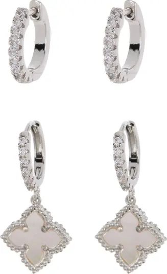 ADORNIA Set of 2 Swarovski Crystal Huggie & White Mother-of-Pearl Quatrefoil Huggie Drop Earrings... | Nordstrom Rack