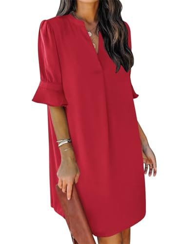 QACOHU Womens 2026 Summer Casual Dresses Short Sleeve V-Neck Midi Ruffle Puff Sleeves Dress Red L | Amazon (US)