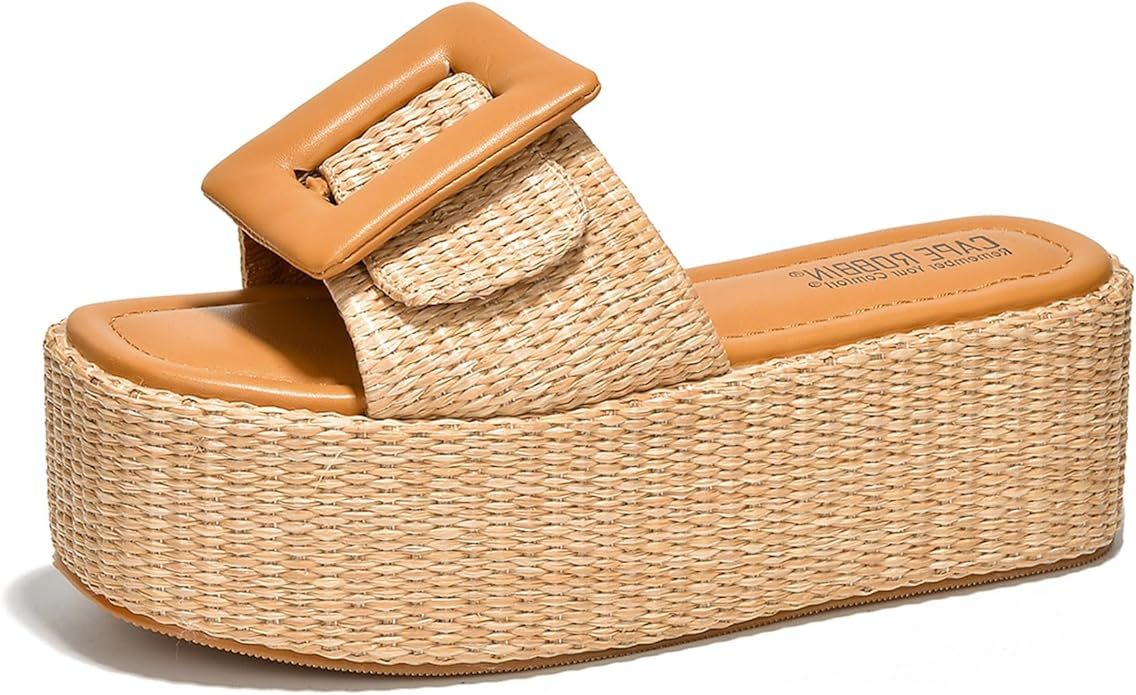 Cape Robbin Indi Platform Raffia Sandals for Women - Chunky Open Square Toe Causal Sandals - Wome... | Amazon (US)