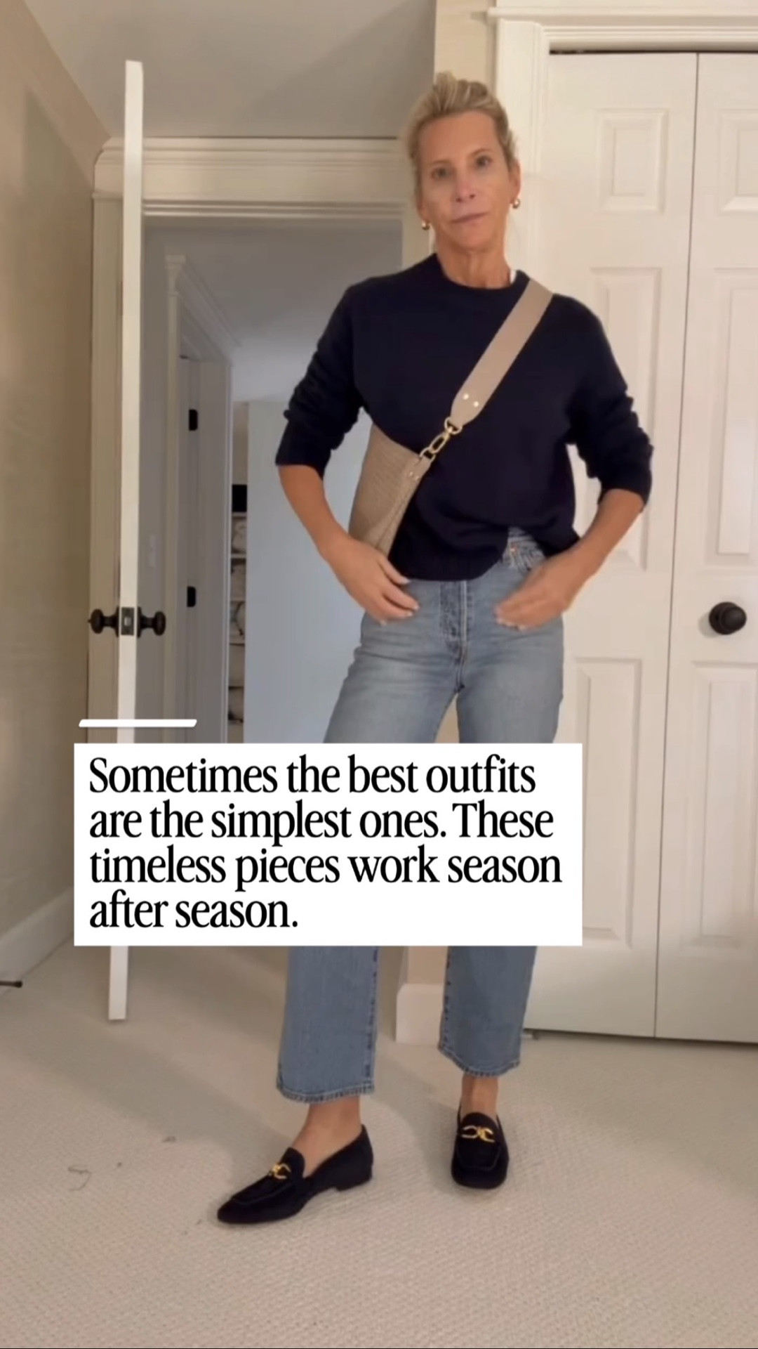 This is my kind of everyday outfit! The navy sweater, light-wash straight-leg jeans, and black loafers with gold hardware feel classic, comfortable, and pulled together without being fussy. Add a neutral crossbody bag, and you're ready for errands, lunch, shopping, or a casual day out. Wearing size XS in the sweater.

👩‍💻 LTK PRO TIPS
❤️ Heart = Support my posts ;-)
🔖 Save = Get sale & restock alerts for the things you love!
📋 Lists = Keep favorites organized (List ideas: Christmas, Birthdays, and Vacations!)
📲 Share = Send lists and products to a friend (or your daughters like me).
💬 Comment = Ask me anything, and I'll answer. ;-)