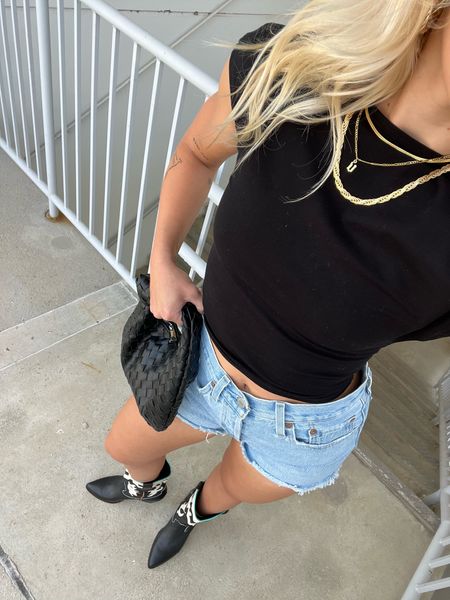 Denim shorts, short denim shorts, jean shorts, backless top, cowgirl style, cowgirl outfit, cowgirl boots, dolce vita boots, dolce vita cowgirl boots, summer outfits, summer style, summer fashion 2023