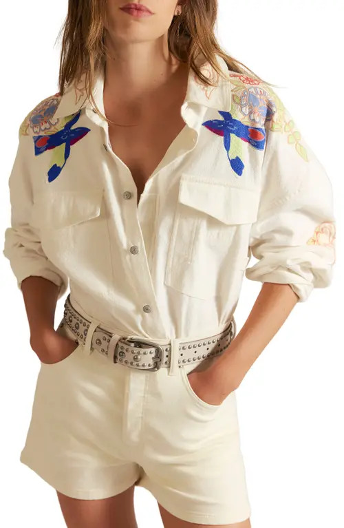 Free People Take Flight Embroidered Cotton Shirt in Snow Bell Combo at Nordstrom, Size X-Large | Nordstrom