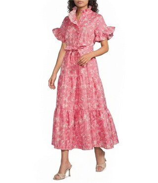 Abbey Glass Floral Print Sadie Ruffle Stand Collar Short Sleeve Tie Waist Tiered Pocketed Midi Dr... | Dillard's