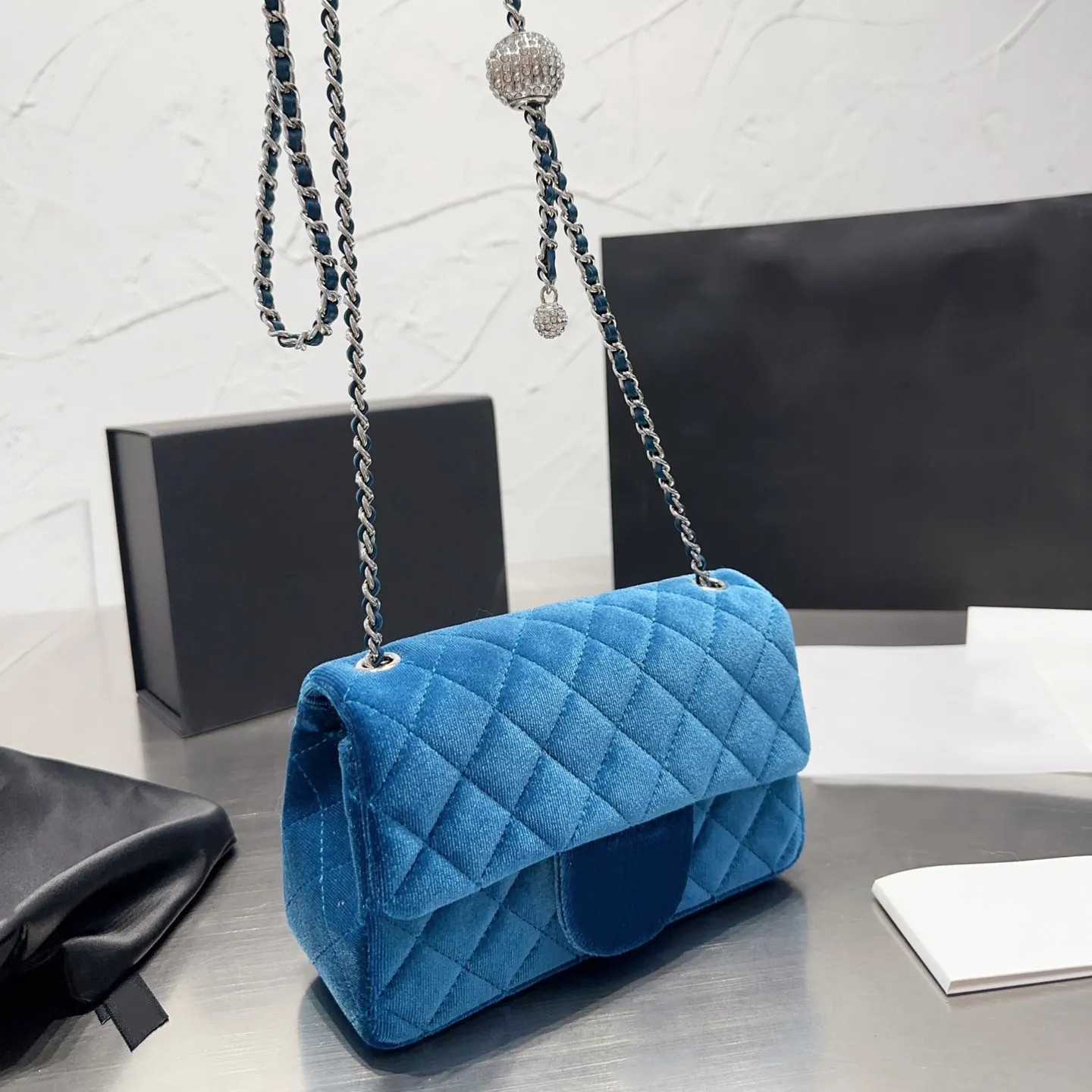 Womens Shiny Diamond Velvet Quilted Bags Classic Crushed Ball Silver Hardware Chain Matelasse Met... | DHGate