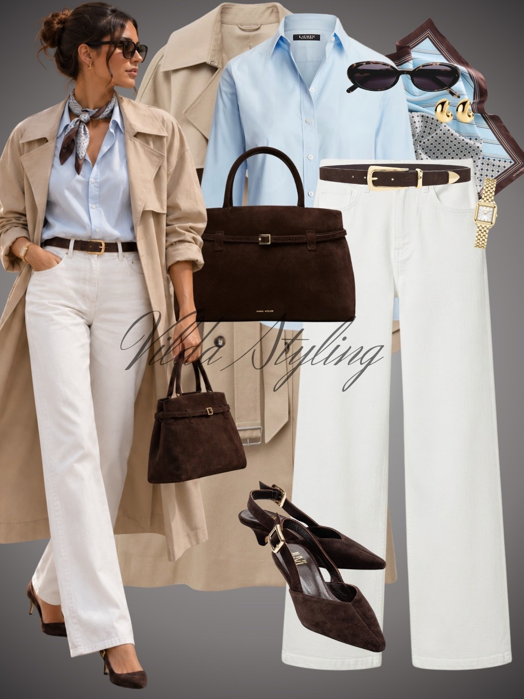 Effortlessly polished 🤎 A light blue shirt and white wide-leg jeans paired with a classic trench, chocolate brown accessories and elegant slingback heels. A printed neck scarf completes this chic transitional look.

#LTKautumn #LTKjeans #LTKstyletip