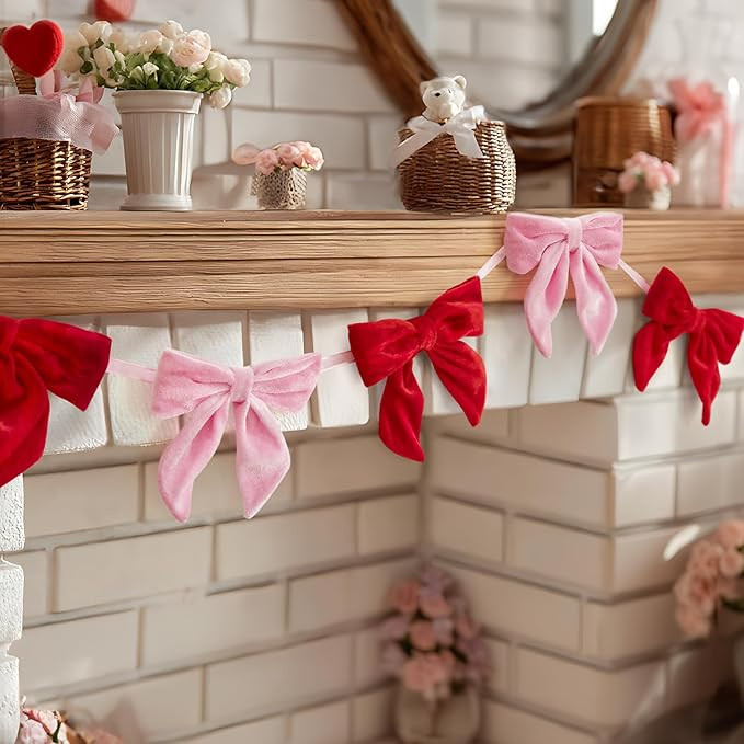 Valentines Day Decorations - 6.5 Ft Pink and Red Velvet Bow Garland - Valentines Day Decor for Ho... | Amazon (US)