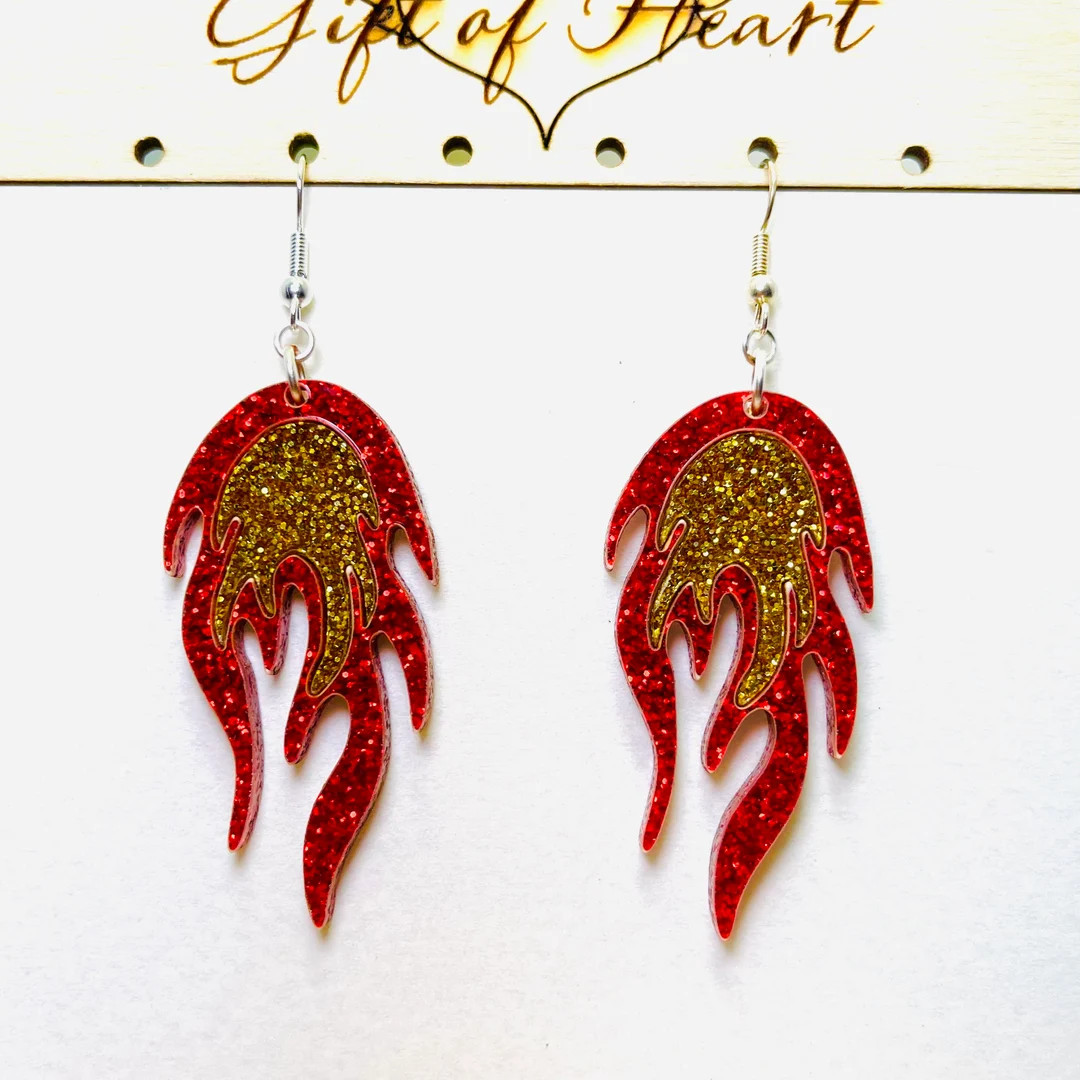 Fire Flame Acrylic Earrings Red and Gold Glitter Acrylic - Etsy | Etsy (US)