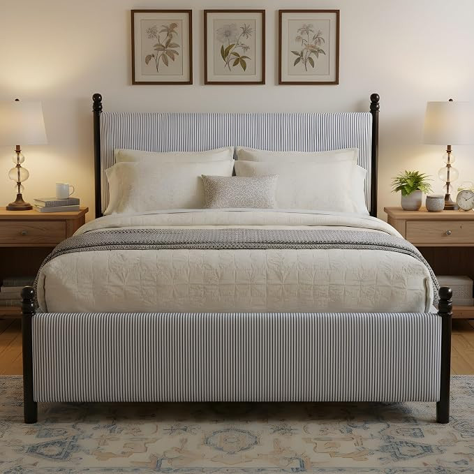 King Size Bed Frame, Upholstered Platform Bed Frame with 48" High Headboard, Vintage Striped Rubb... | Amazon (US)