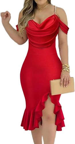 CHICME Womens Sexy Bodycon Party Dress Off The Shoulder Pearls Strap Midi Dress Ruffle Hem Cockta... | Amazon (US)