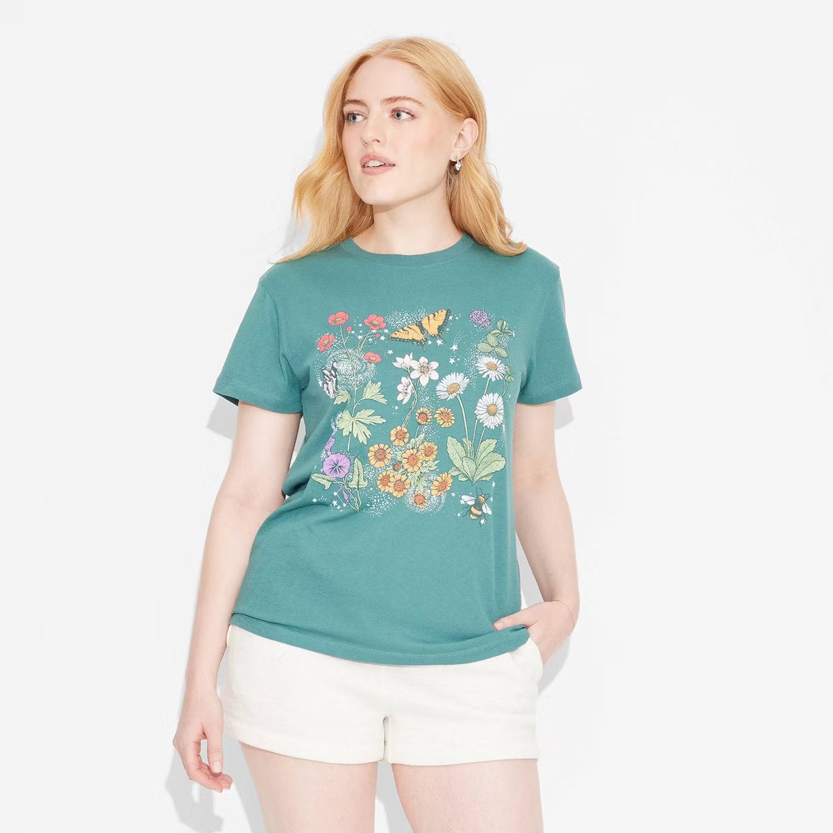 Women's Colorful Floral Short Sleeve Graphic T-Shirt - Green L | Target