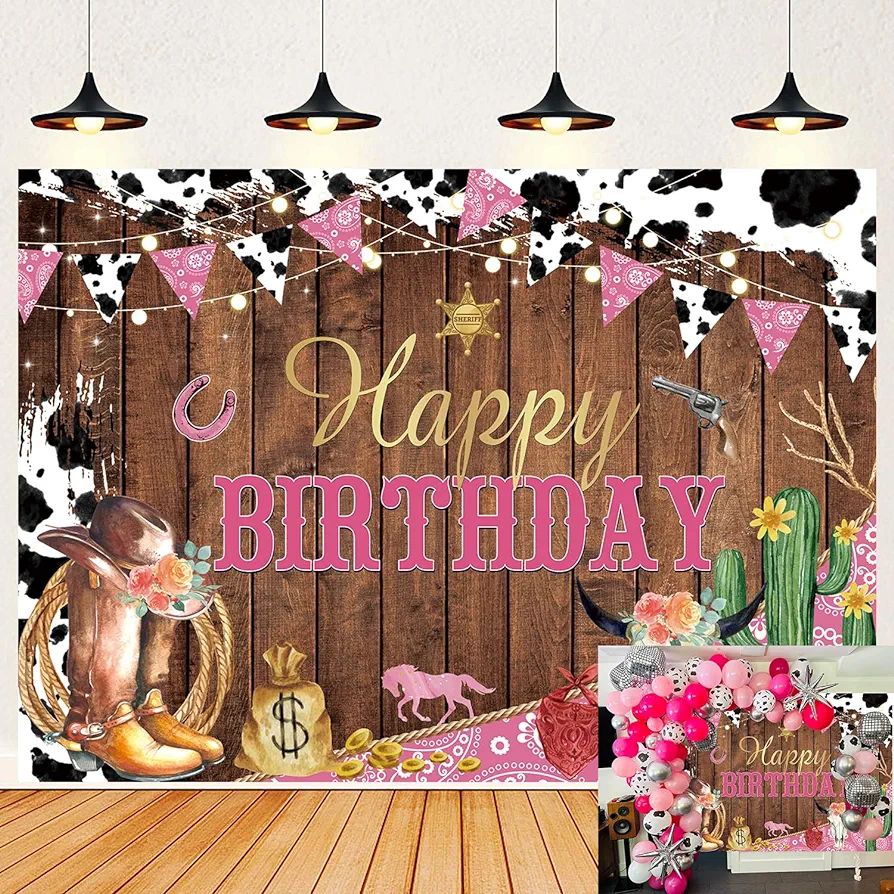 Western Cowgirl Happy Birthday Backdrop Cow Print Pink Wild Party Decorations Banner Rustic West ... | Amazon (US)