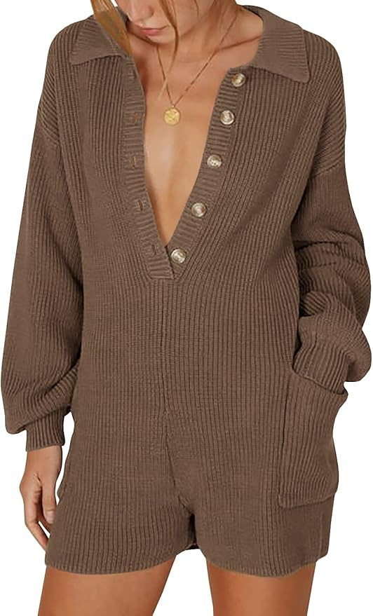 Women's Knit Sweater Jumpsuit Rompers Sexy Deep V Neck Button Down Long Sleeve Onesie Loungewear ... | Amazon (US)