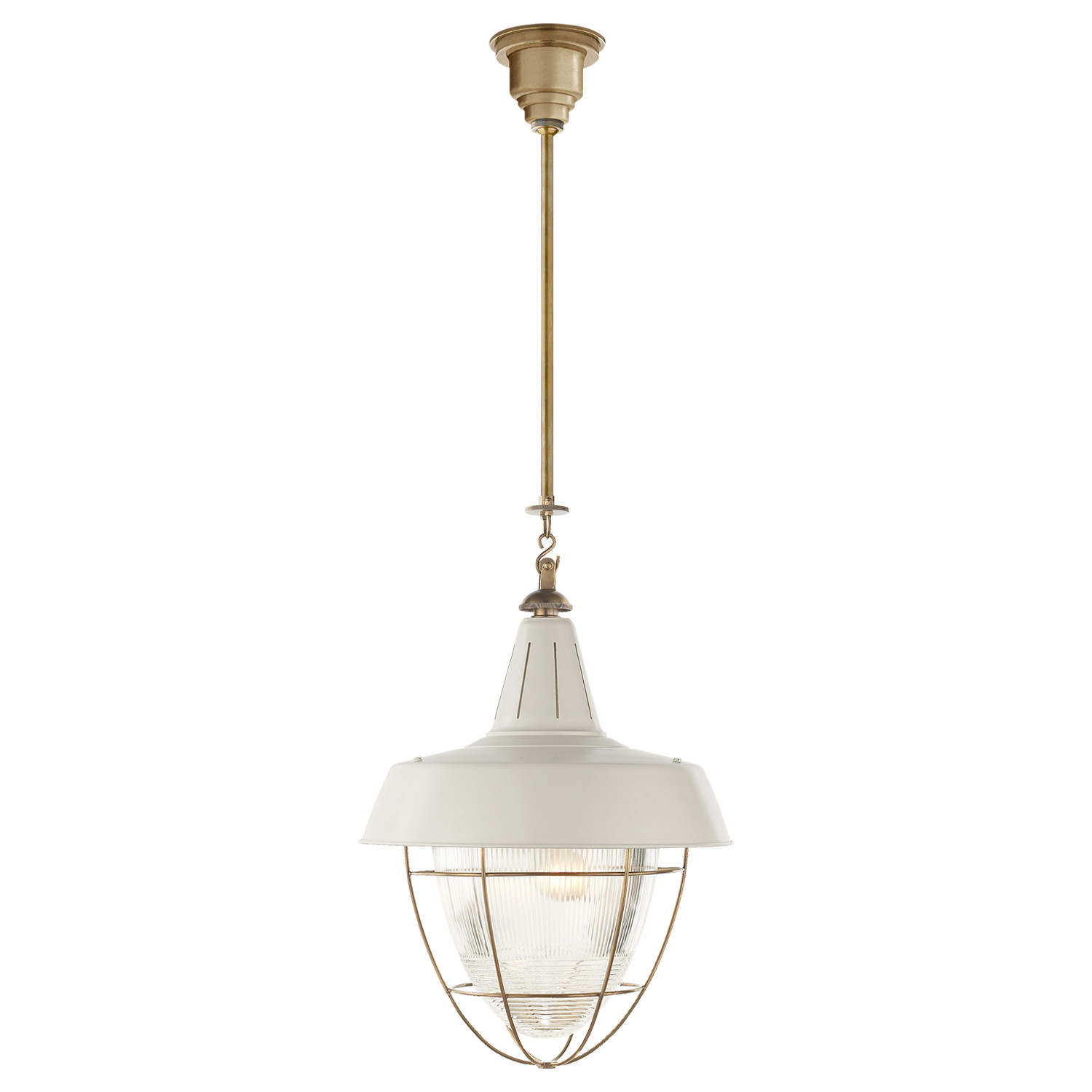 Visual Comfort Henry Industrial Loft Antique Brass White Shade Hanging Light | Kathy Kuo Home