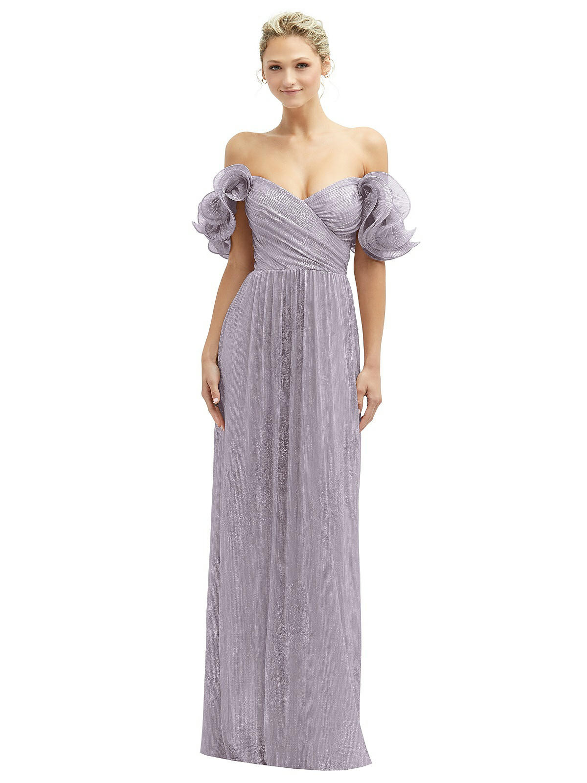 Dramatic Ruffle Edge Convertible Strap Metallic Pleated Maxi Dress in Metallic Lilac Haze | The Dessy Group