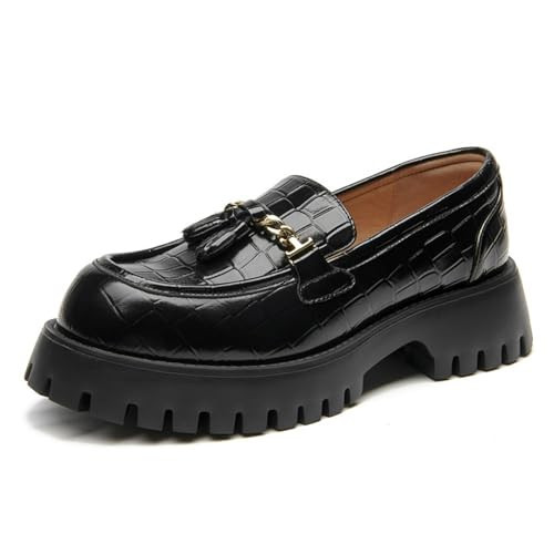 BEAU TODAY Chunky Loafers for Women,Womens Platform Loafer Shoes,Chunky Heel Lug Sole Slip-on Tassel Loafers,Comfort Round Toe Business Work Office Shoes Black US 8 | Amazon (US)