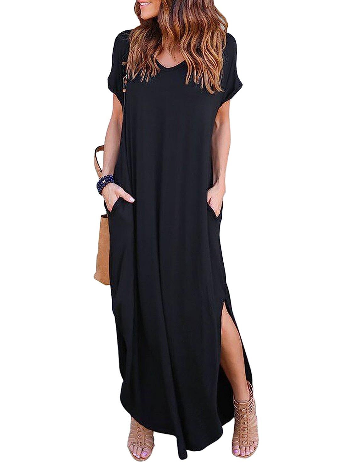 Women's Summer Maxi Dress Casual Loose Pockets Long Dress Short Sleeve Split | Amazon (US)
