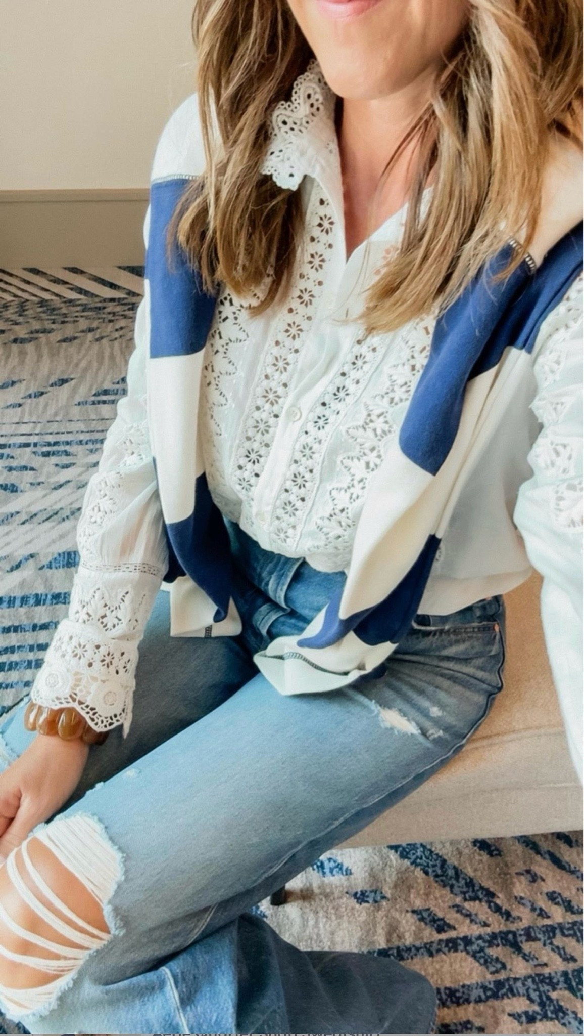 Lace blouse. 
Crushing on this unique outfit combo. 
A little distressed - a little fancy. 
XXS in stripe pullover
US 2 lace top
Jeans tts, 25 here

#LTKgrwm #LTKSeasonal #LTKOver40

#LTKOver40 #LTKSeasonal