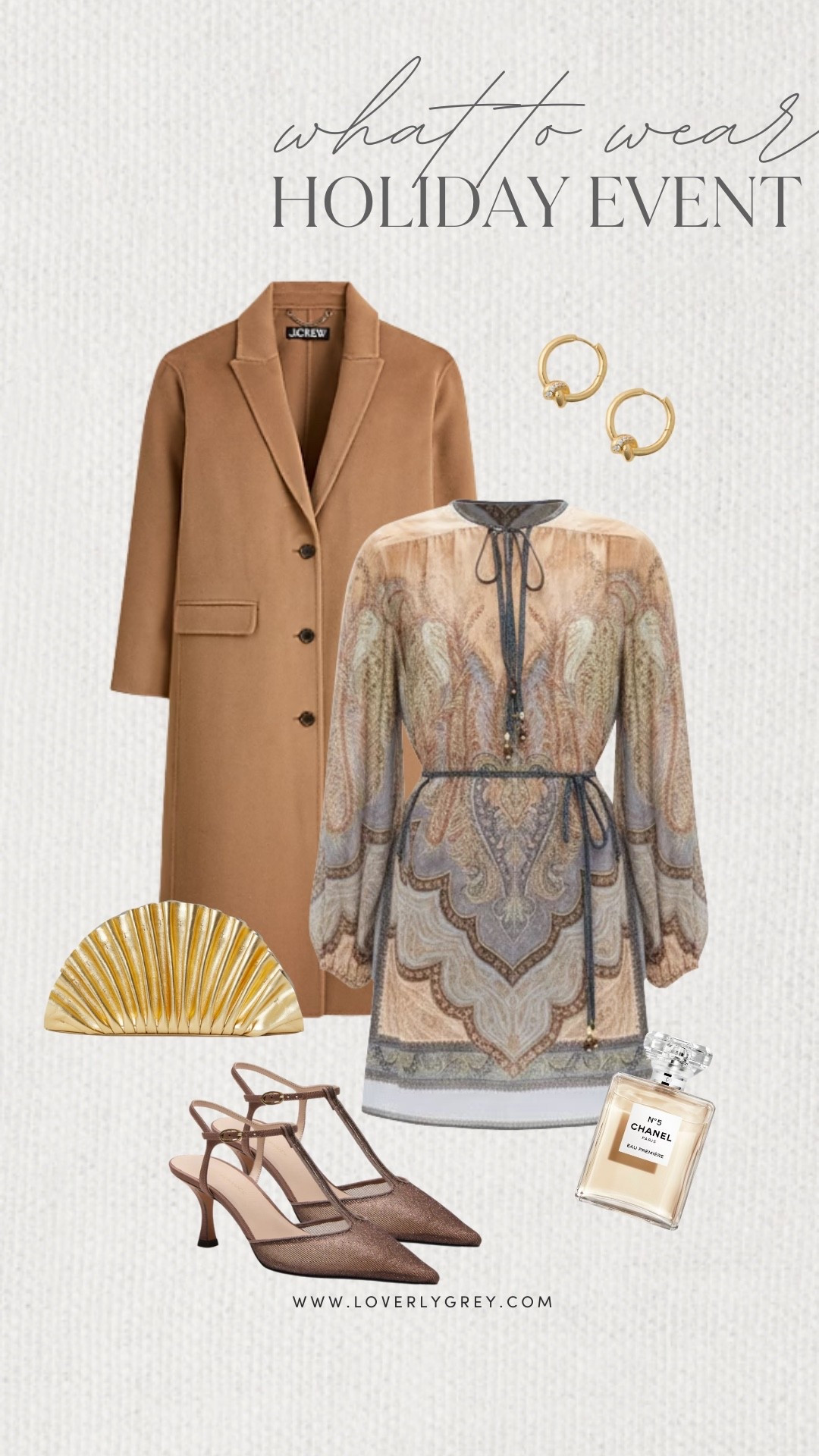 Loverly Grey, what to wear to a holiday event. Going the untraditional route with a stunning patterned dress paired with a long J.Crew coat. I’d a simple gold earrings, metallic heels, and a gold statement purse. Loverly Grey, what to wear, holiday event 

#LTKHoliday #LTKSeasonal #LTKOver40