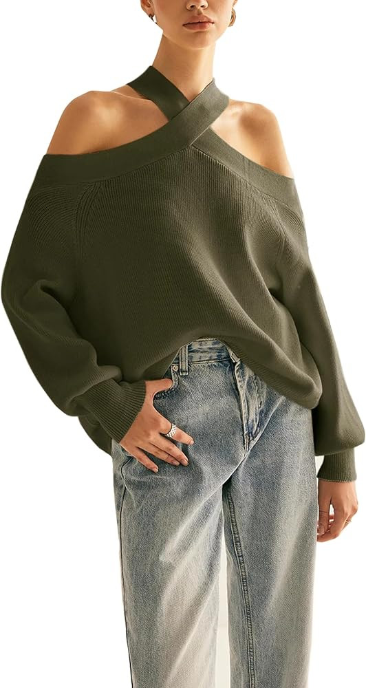 Women Halter Cross Over Collar Shoulder Sweater Loose Fit Solid Color Knit Tops | Amazon (US)