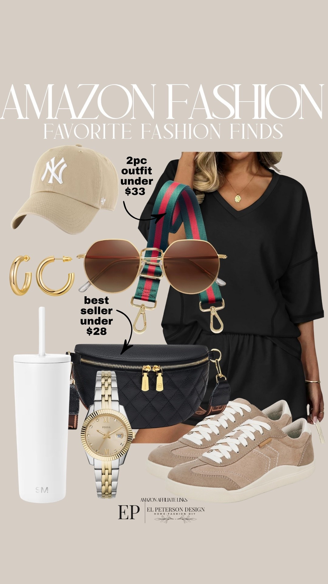 Amazon
2 pc outfit
Belt bag
Bag strap
Sneakers 
Sunglasses 
Tumbler
Earrings 
Cap
Watch