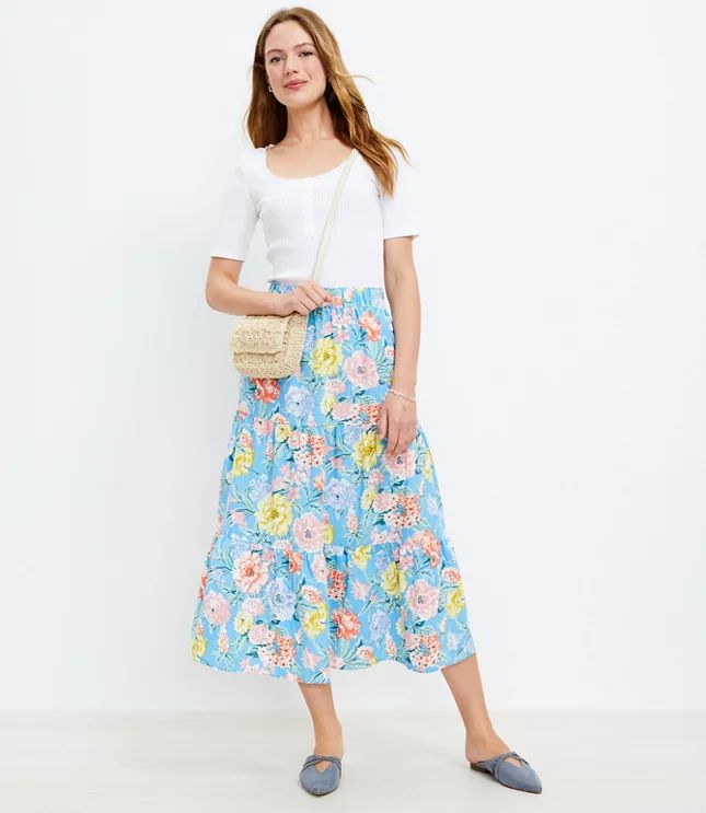 Floral Tiered Pull On Midi Skirt | LOFT