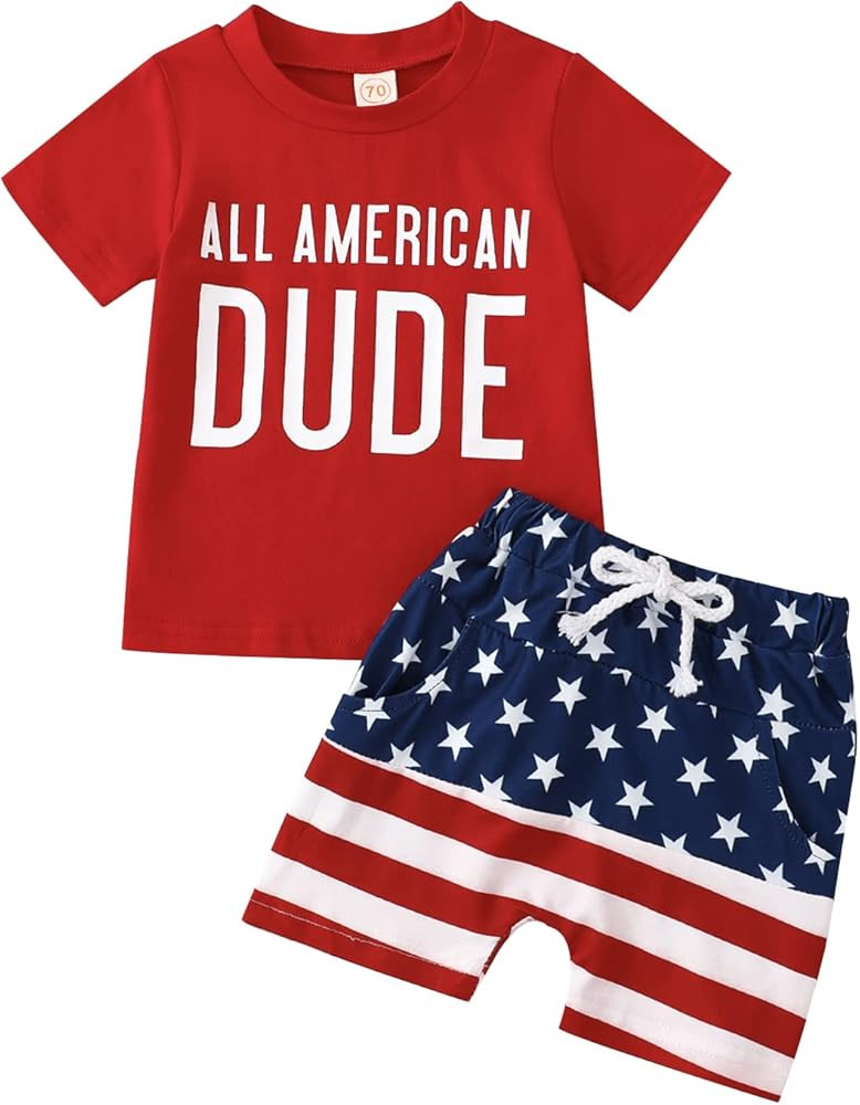 4th of July Infant Baby Boy Outfit Short Sleeve Letter Tops Toddler Boys Independence Day Party S... | Amazon (US)