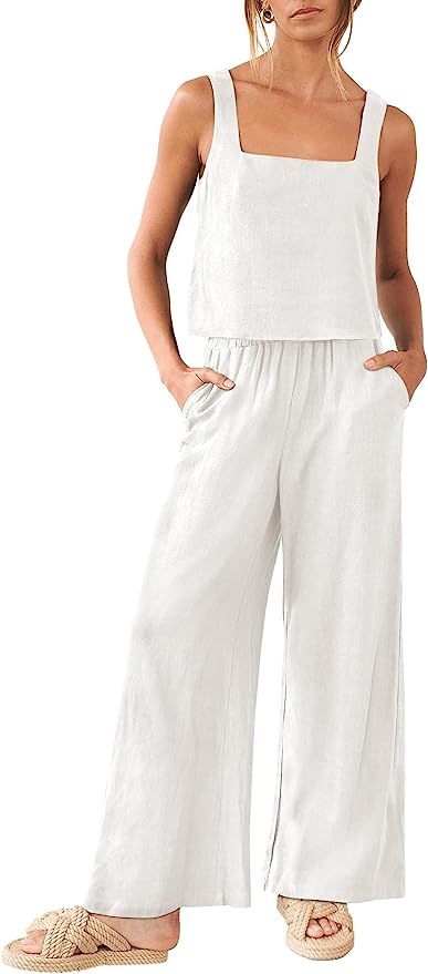 ANRABESS Women's 2 Piece Outfits Square Neck Linen Tank Crop Top Wide Leg Pants Matching Lounge S... | Amazon (US)