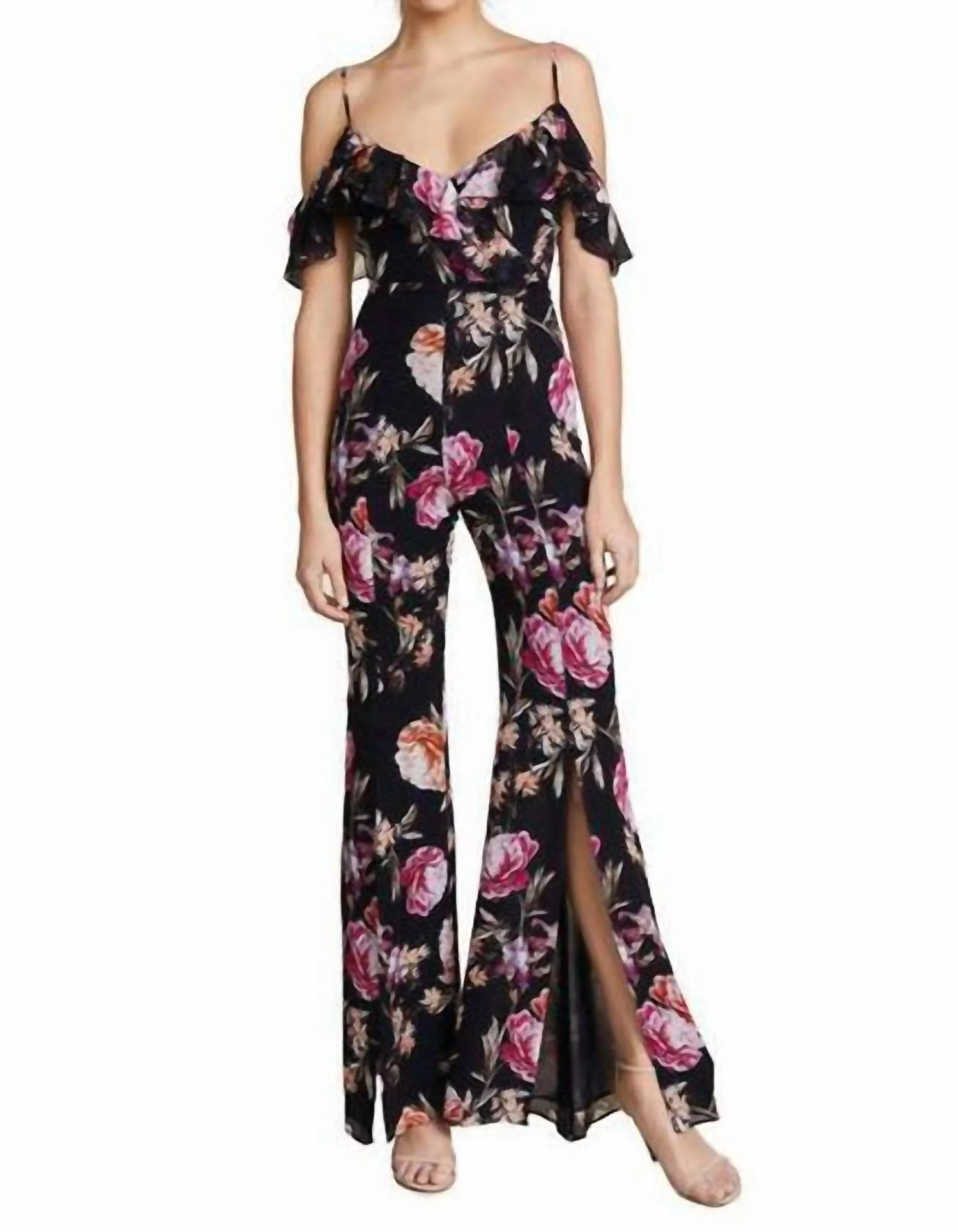 Lucile Floral Frill Jumpsuit In Black | Shop Simon