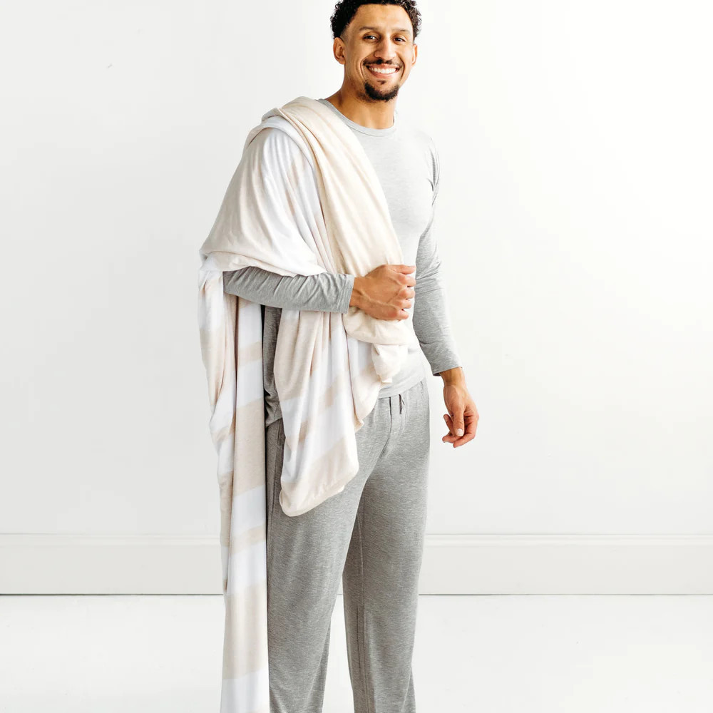 Heather Oatmeal Stripe Bamboo Viscose Oversized Cloud Blanket® | Little Sleepies
