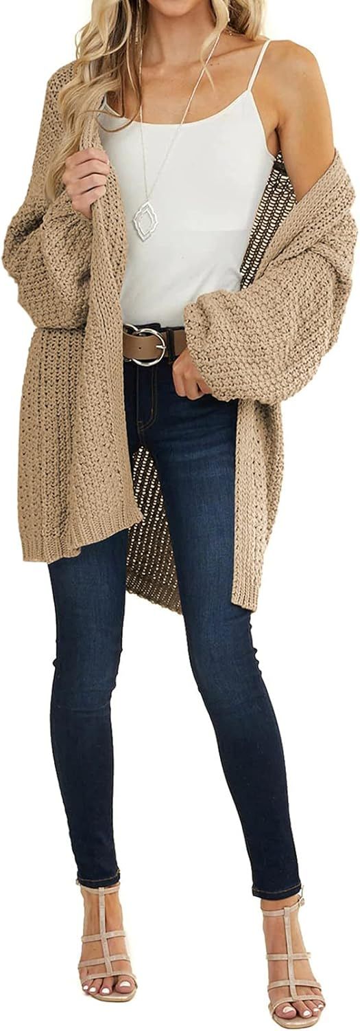 VTSGN Women's Long Lantern Sleeve Chunky Knit Sweater Open Front Cardigan Pockets Loose Outwear | Amazon (US)