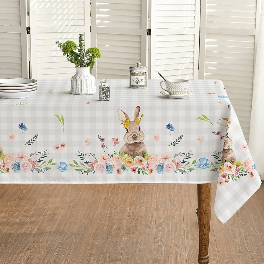 Horaldaily Easter Tablecloth 60x84 Inch, Spring Flower Buffalo Plaid Bunny Table Cover for Party ... | Amazon (US)