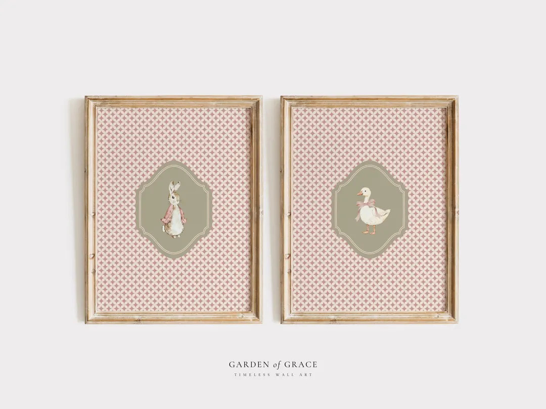 Pink Bunny and Silly Goose Nursery Wall Art Set, Farmhouse Girl Room Decor, Farm Animal Print, Vi... | Etsy (US)