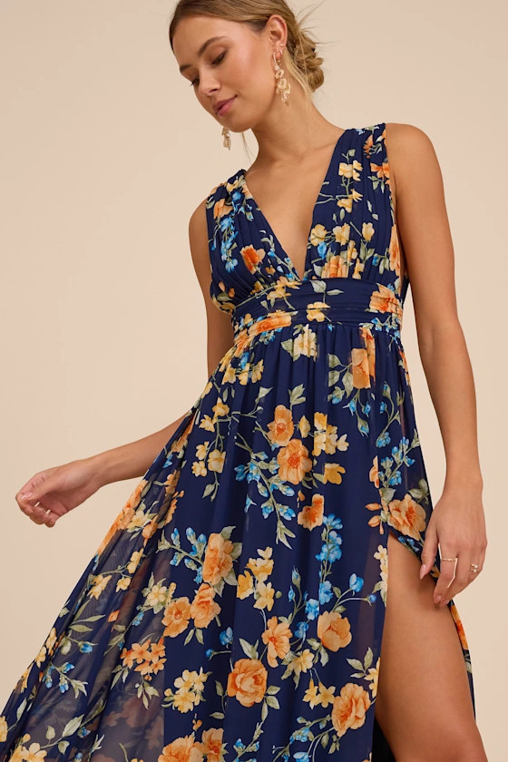 Heavenly Hues Dark Blue Floral Maxi Dress | Lulus