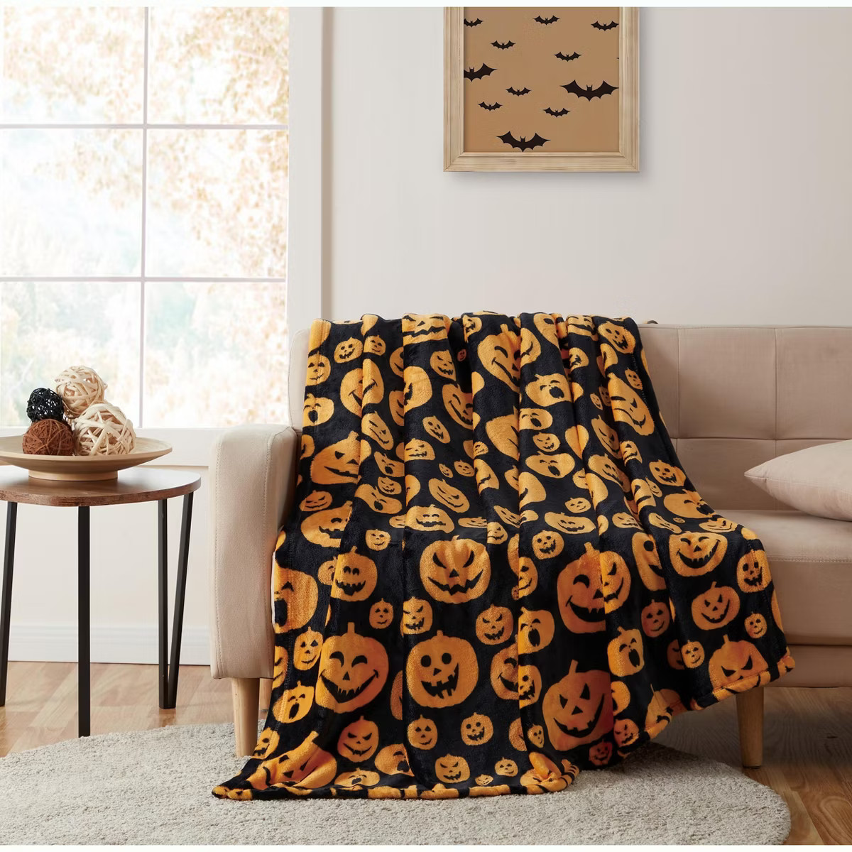 Kate Aurora Autumn Living Halloween Jack-O'-Lantern Pumpkins Orange & Black Ultra Plush Throw Bla... | Target