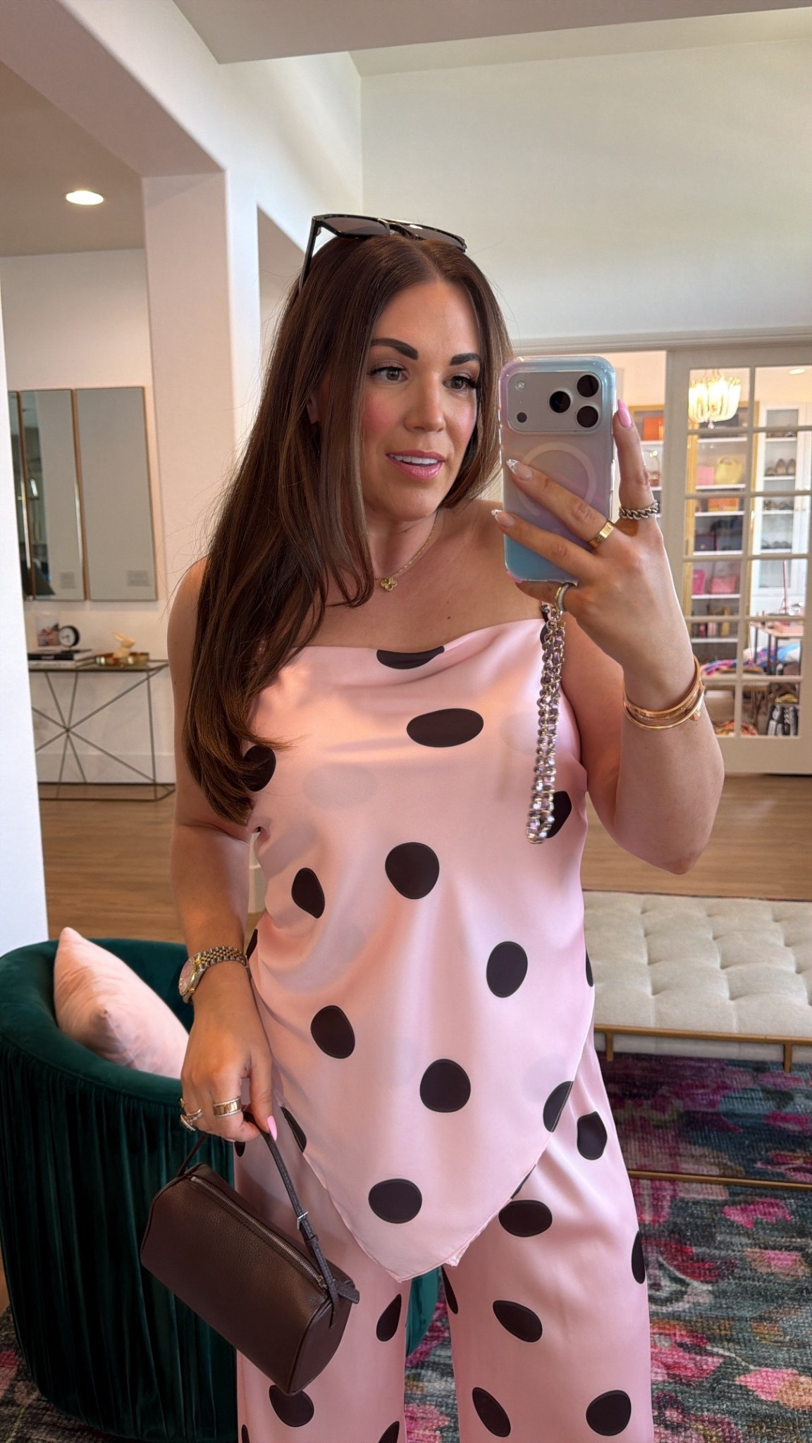 curvy midsize pink and chocolate brown polka dot set! in the size m/l in top and size large in pants. top can be strapless! obsessed with the scarf top! 

#LTKSeasonal #LTKMidsize