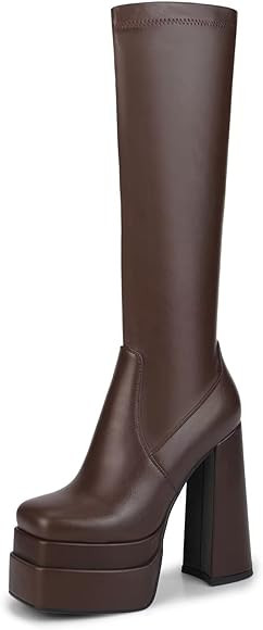 wetkiss Stacked Platform Knee High Boots for Women, Chunky High Heeled Black PU Leather Boots Squ... | Amazon (US)
