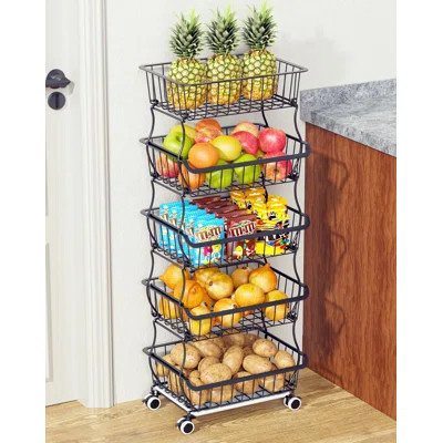 5 Tier Fruit Basket For Kitchen, Stackable Bins Wire Rack With Wheels, Fruit And Vegetable Storage Basket Pantry Food Snack Organizer Shelf, Kitchen S | Wayfair North America