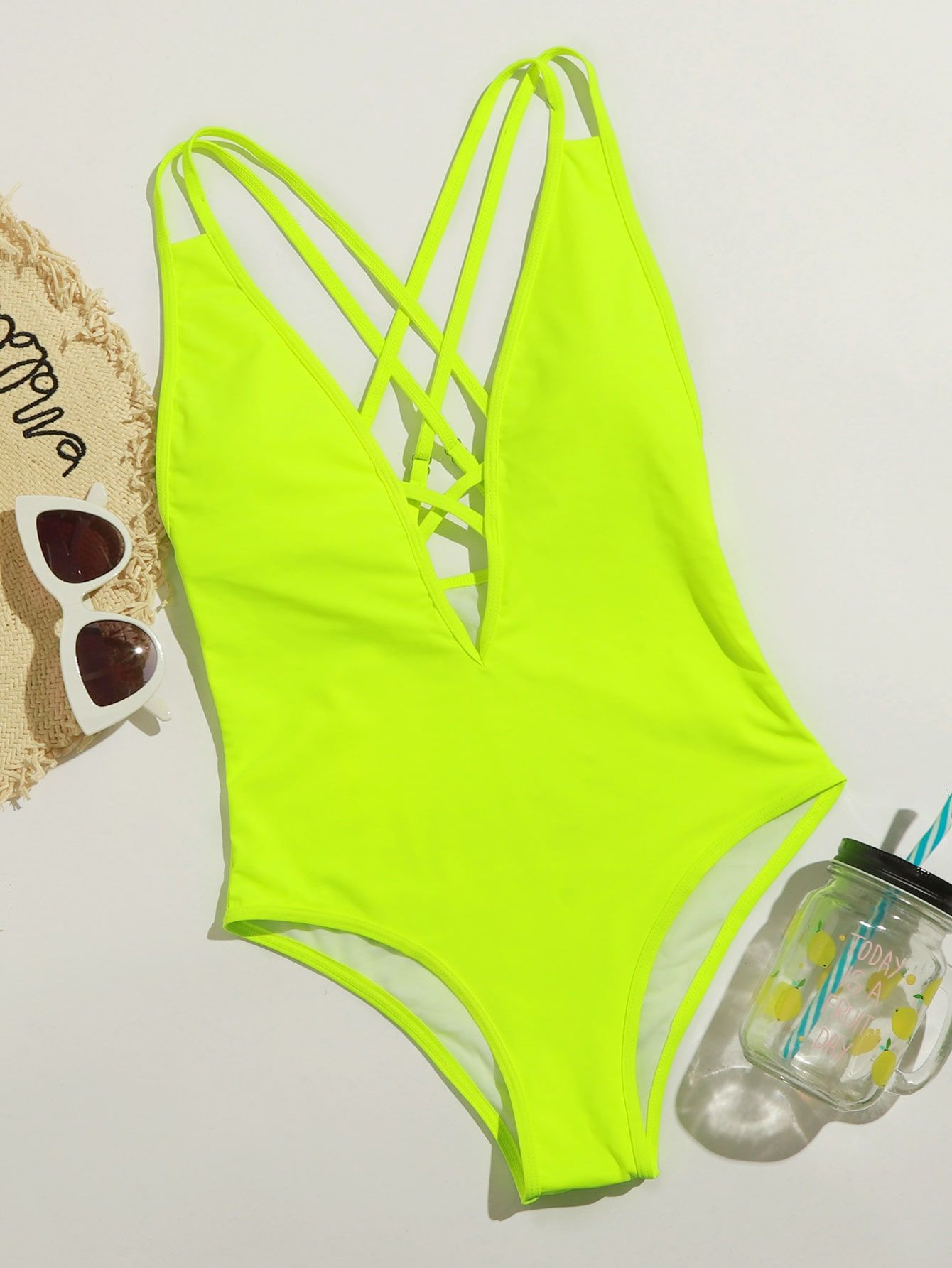Neon Lime Criss Cross Plunging One Piece Swimsuit | SHEIN