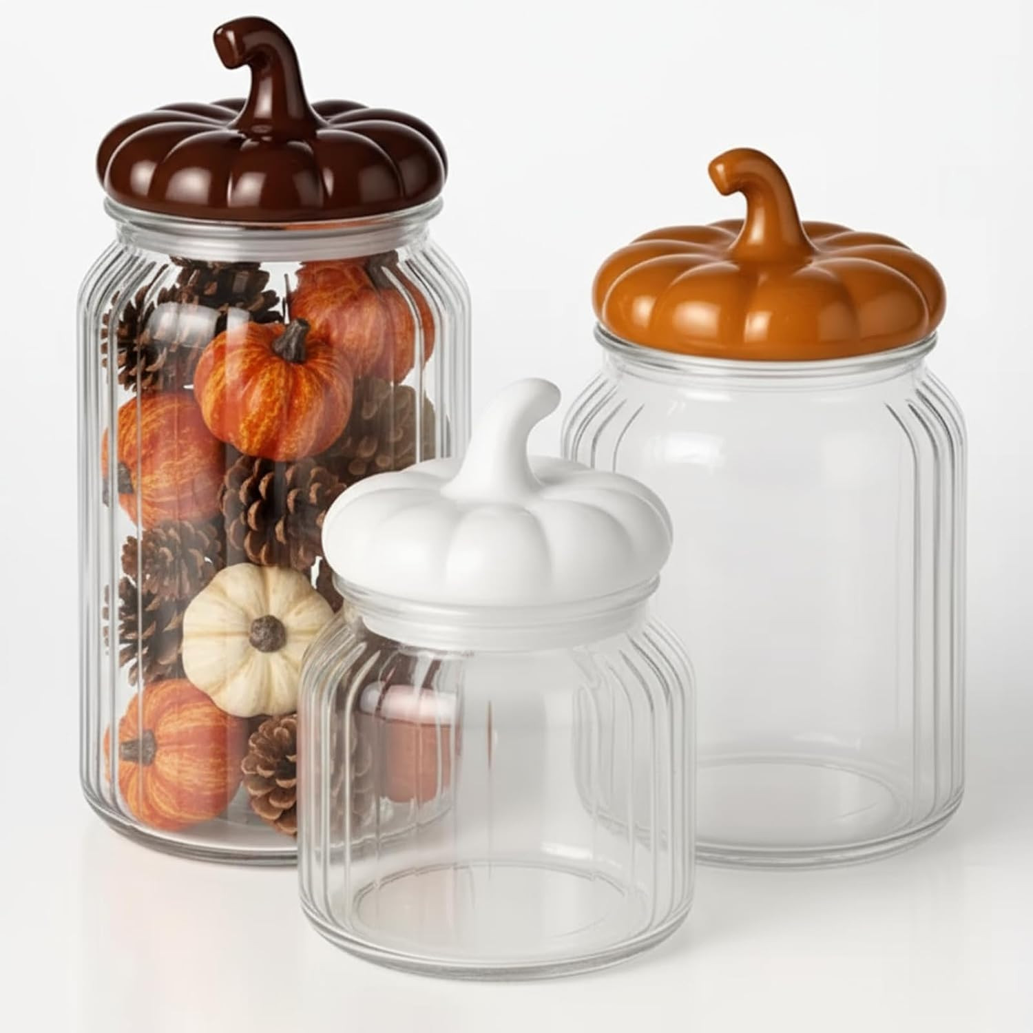 3 Set Fall Glass Jar with Pumpkin Lid Fall Clear Candy Jar Food Storage Canister with Airtight Ceramic Lid for Thanksgiving Party Tea Cookie Table Decoration (White, Brown, Light Brown,Autumn) | Amazon (US)