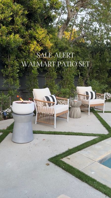On sale! Walmart patio find! This is giving major Serena and Lily vibes, but for a fraction of the price

Outdoor patio chairs, patio set, dining set, concrete, outdoor side table, and table, tiki torch, concrete bowl, lava rock 