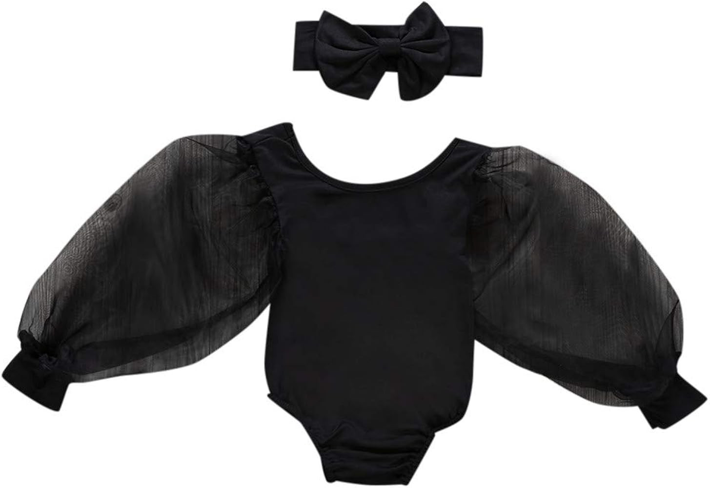 Baby Long Puff Sleeve Mesh Romper with A Bow Wrap Headband Infant Solid Outfits Bodysuit Sets for... | Amazon (US)