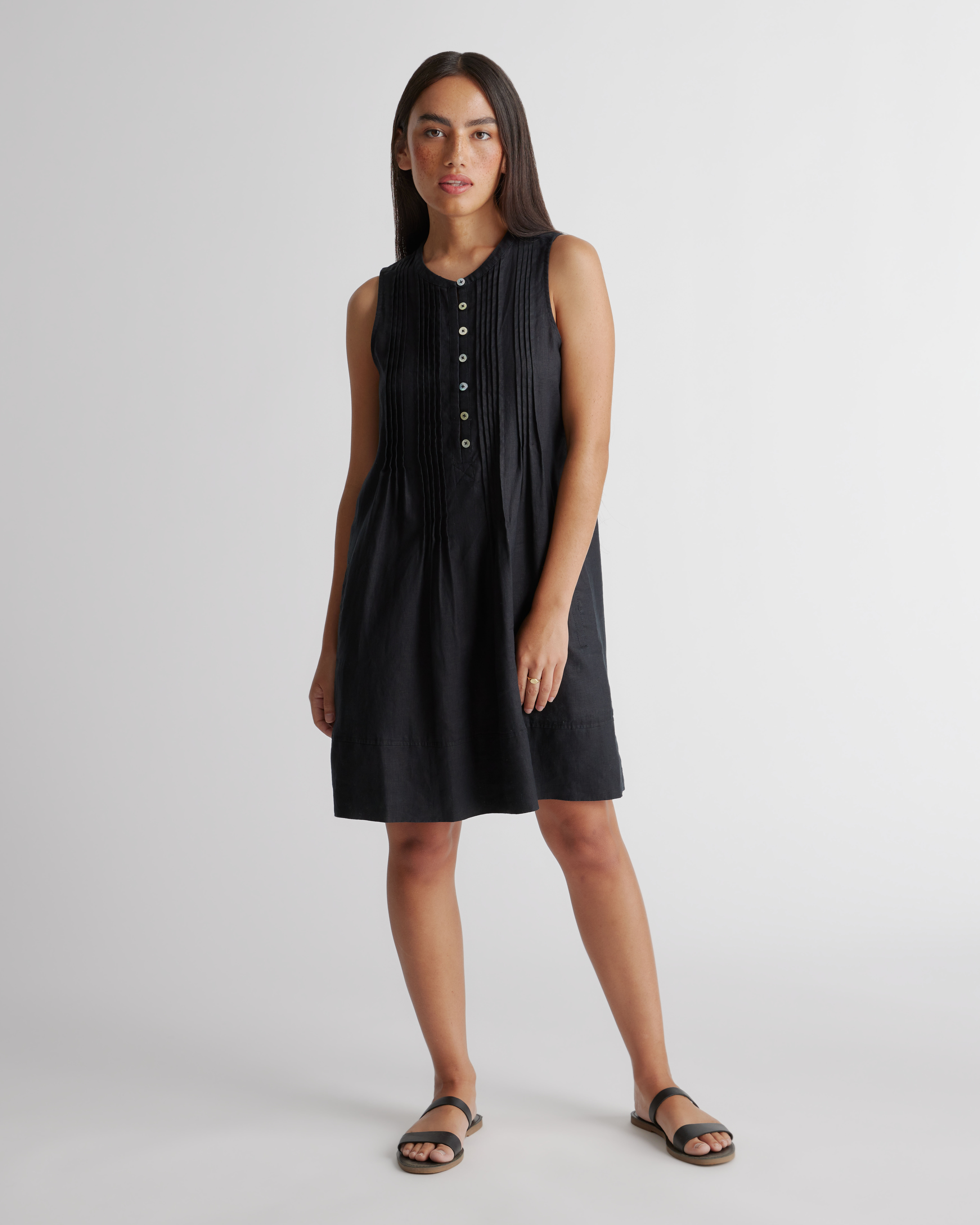 Quince | Women's 100% European Linen Sleeveless Swing Dress in Black, Size XL | Quince