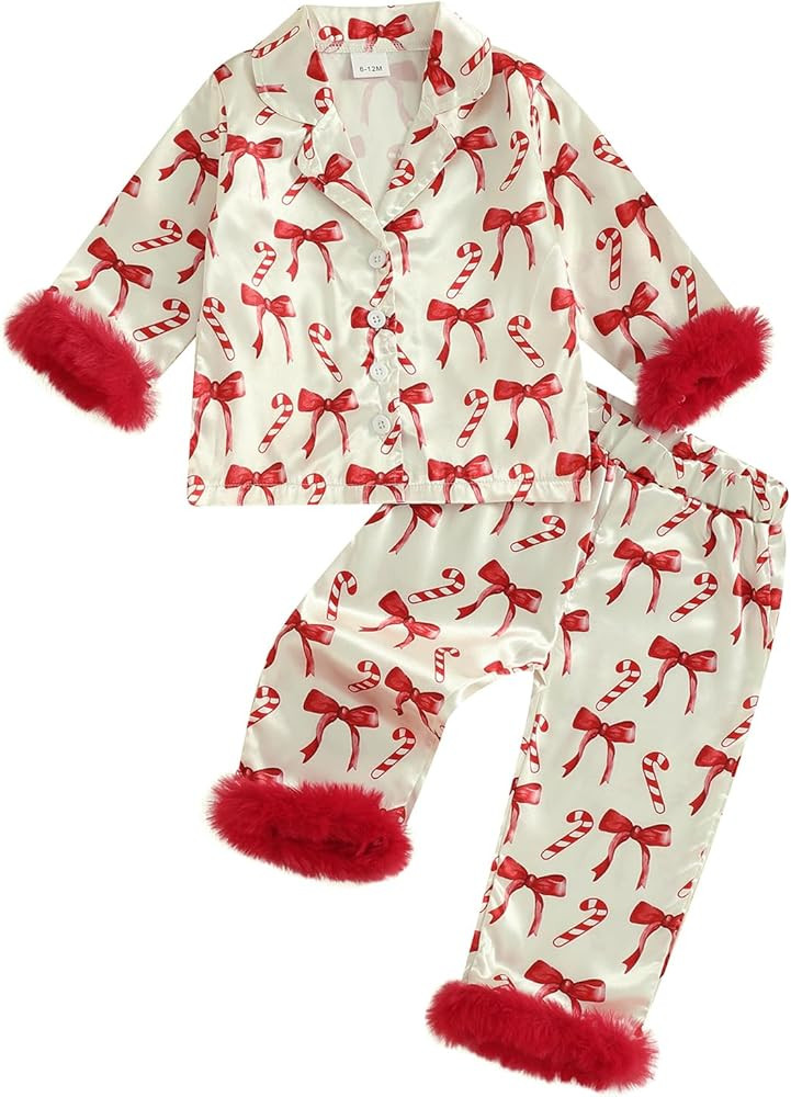 Douhoow Toddler Baby Girls Silk Satin Pajamas Set Feather Trim Long Sleeve Botton Shirt Tops Paja... | Amazon (US)